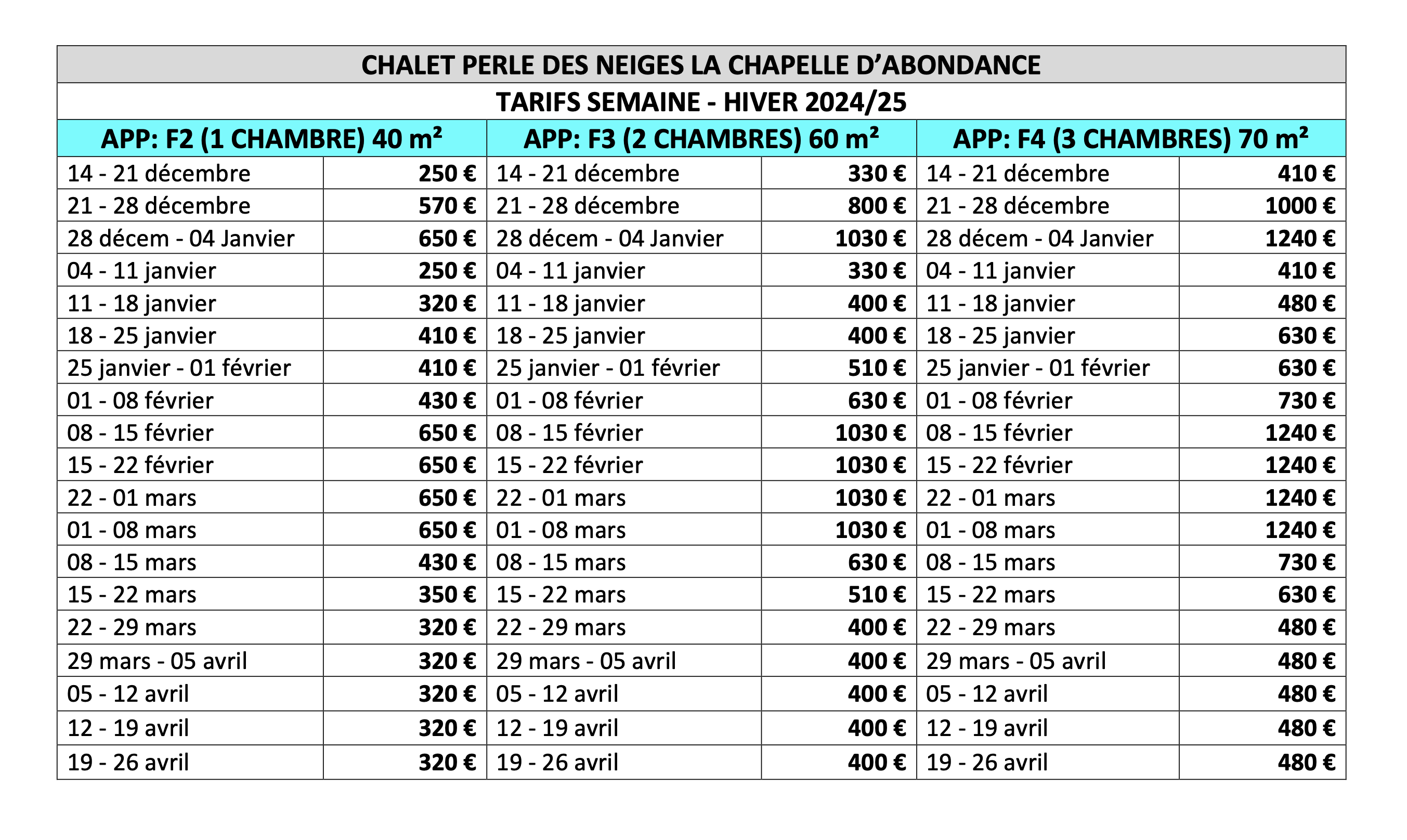 TARIFS HIVER PERLE DES NEIGES 25