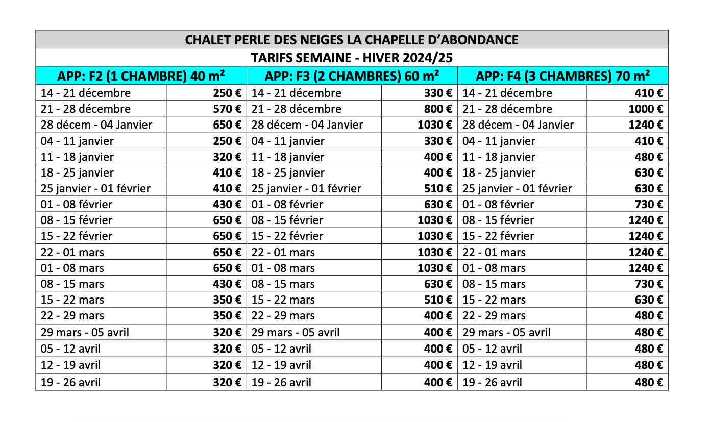 TARIFS PERLE DES NEIGES HIVER 2425